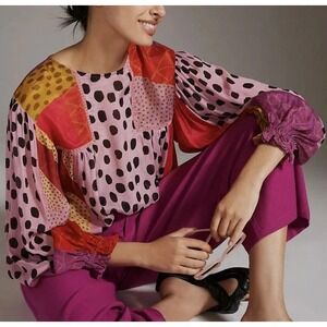 Bl^nk London Miranda Peasant Small Pink Eclectic Patchwork Polka Dot Blouse